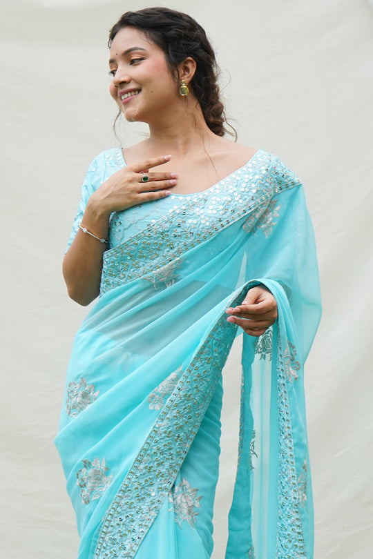 Sky Georgette Saree With Blouse Piece