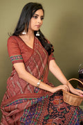Womens Cotton Brown Saree With Blouse Piece