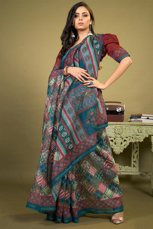 Womens Cotton Blue Saree With Blouse Piece