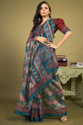 Womens Cotton Blue Saree With Blouse Piece