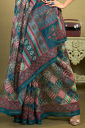 Womens Cotton Blue Saree With Blouse Piece