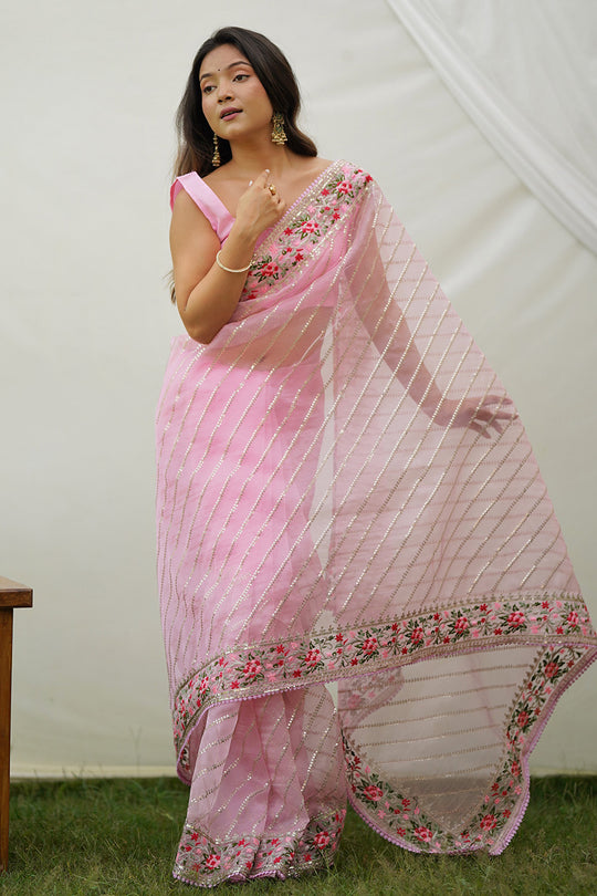 Pink Organza Saree With Blouse Piece