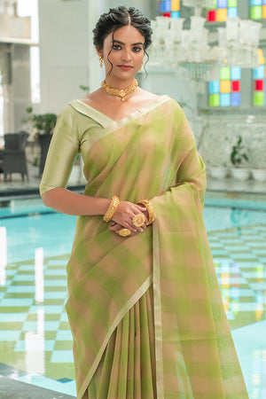 Fern Green Linen Blend Saree