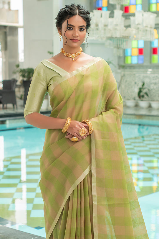 Fern Green Linen Blend Saree