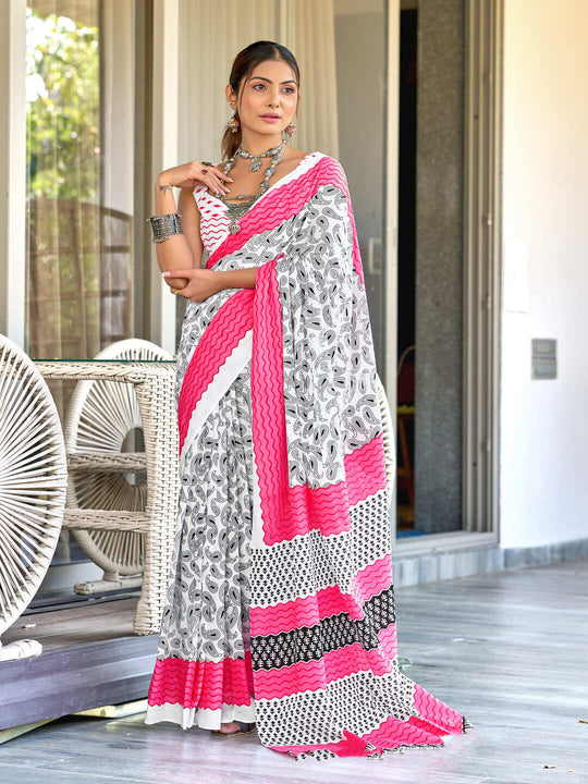 White Pure Mulmul Cotton White And Pink Summar Hand Block Print Saree With Blouse Piece