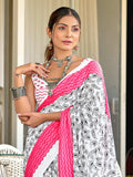 White Pure Mulmul Cotton White And Pink Summar Hand Block Print Saree With Blouse Piece
