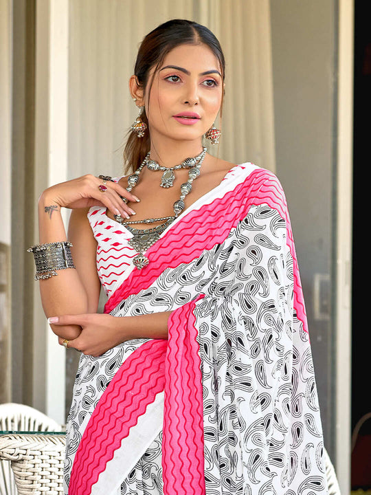 White Pure Mulmul Cotton White And Pink Summar Hand Block Print Saree With Blouse Piece