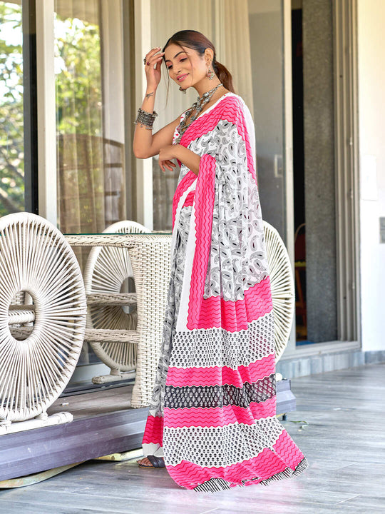 White Pure Mulmul Cotton White And Pink Summar Hand Block Print Saree With Blouse Piece