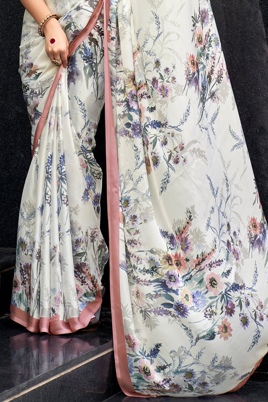 Ivory White Crepe Georgette Saree