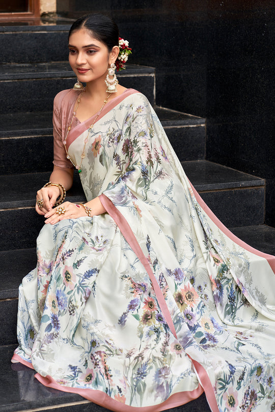 Ivory White Crepe Georgette Saree