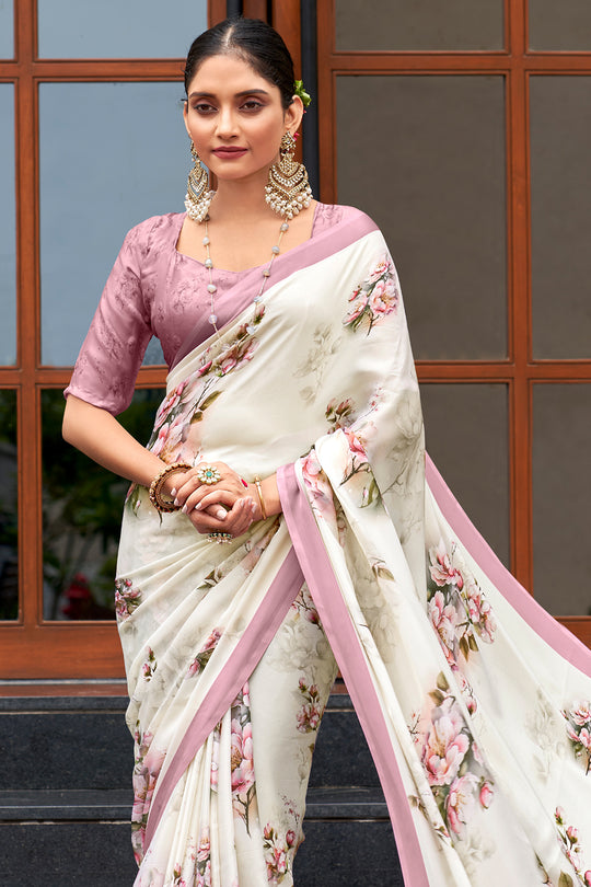 Ivory White Crepe Georgette Saree