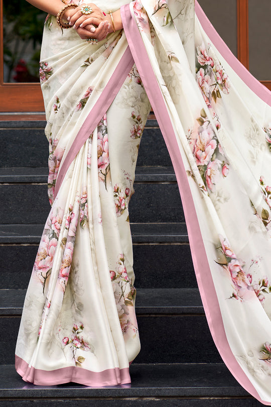 Ivory White Crepe Georgette Saree