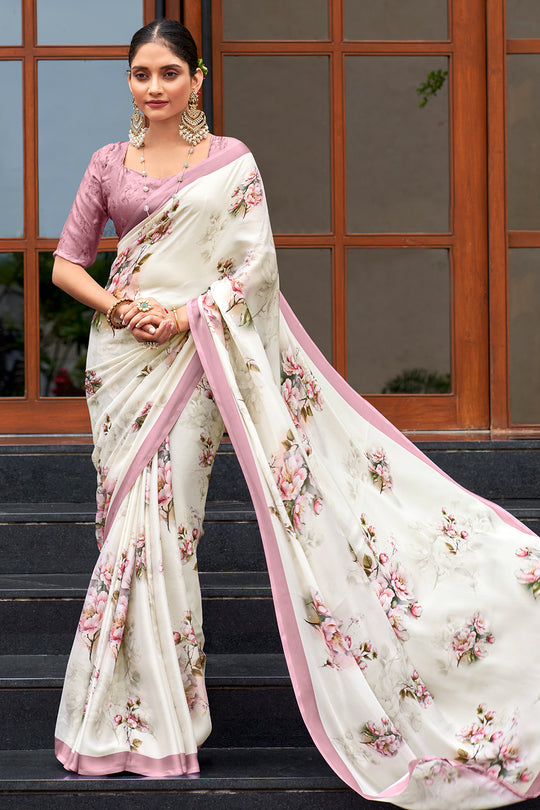 Ivory White Crepe Georgette Saree