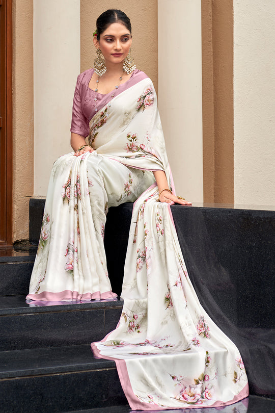 Ivory White Crepe Georgette Saree