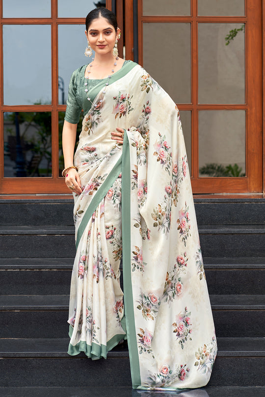 Ivory White Crepe Georgette Saree
