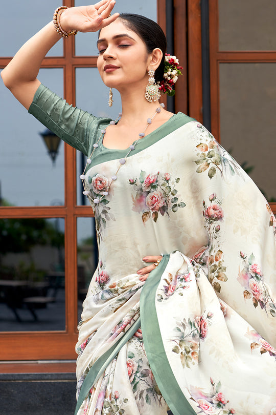 Ivory White Crepe Georgette Saree