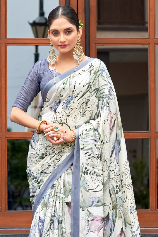 Ivory White Crepe Georgette Saree