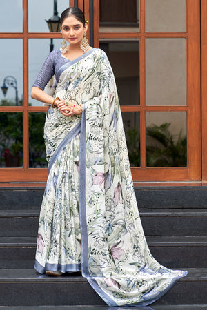Ivory White Crepe Georgette Saree
