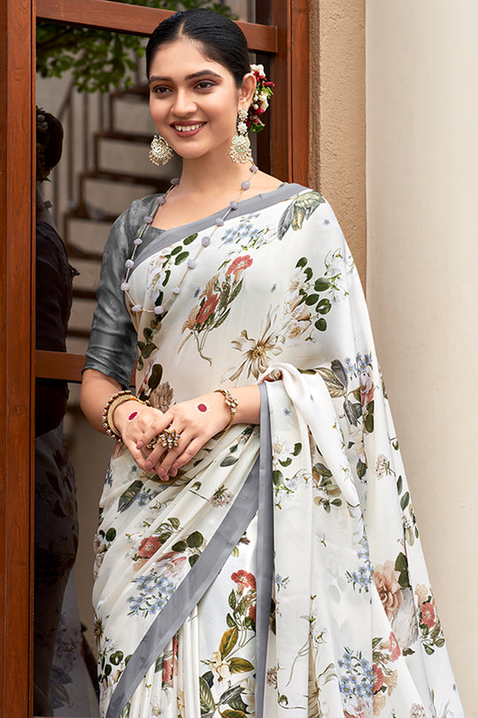 Ivory White Crepe Georgette Saree