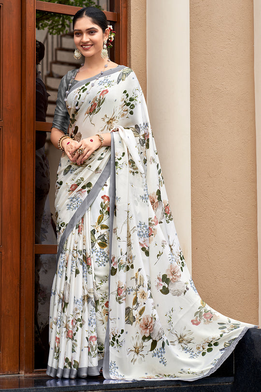 Ivory White Crepe Georgette Saree