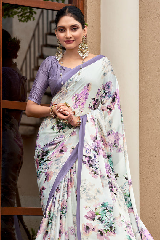 Ivory White Crepe Georgette Saree