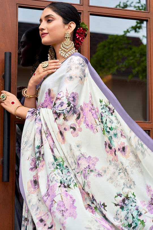 Ivory White Crepe Georgette Saree