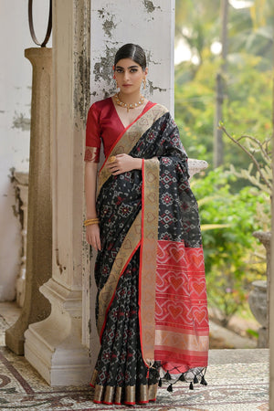 Raw Silk Saree Featuring Beautiful Ikkat Thread Weaving