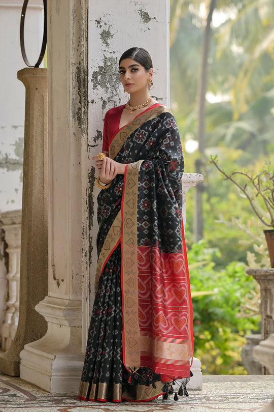 Raw Silk Saree Featuring Beautiful Ikkat Thread Weaving