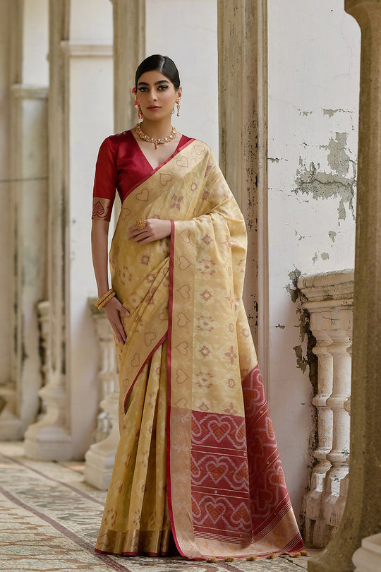 Raw Silk Saree Featuring Beautiful Ikkat Thread Weaving