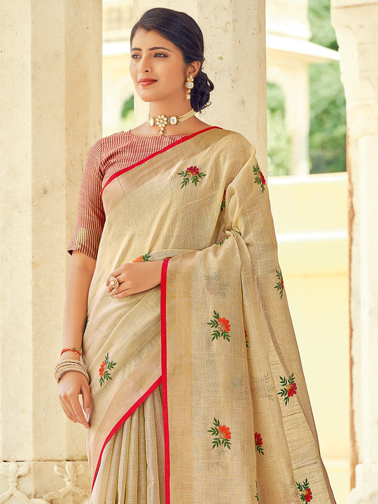 Cream Linen Blend Saree