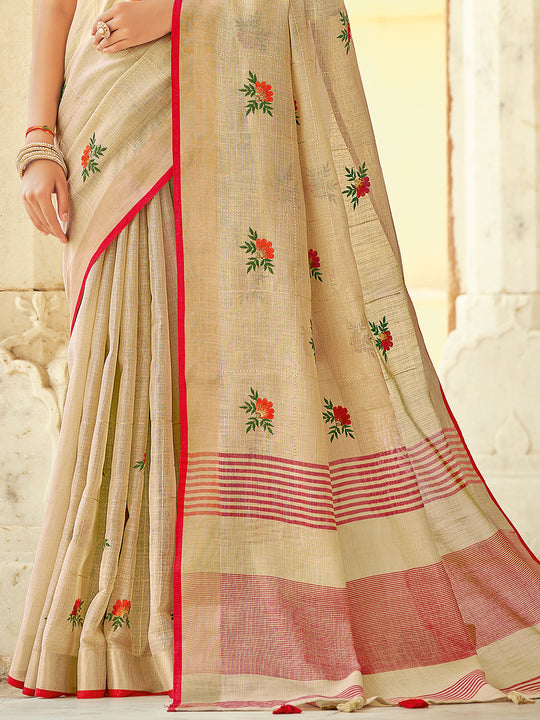 Cream Linen Blend Saree