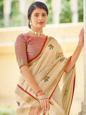 Cream Linen Blend Saree