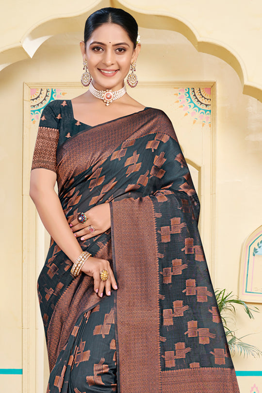 Grey Cotton Saree With Blouse Piece