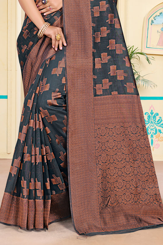 Grey Cotton Saree With Blouse Piece