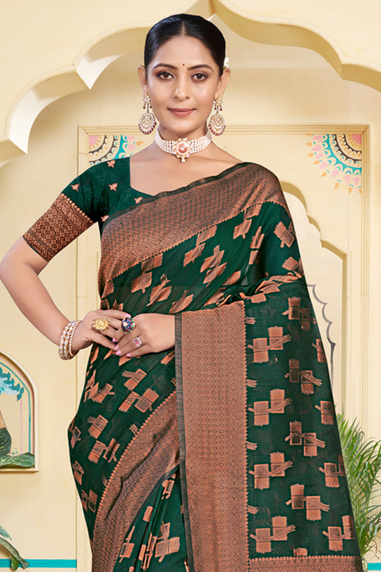 Green Cotton Saree With Blouse Piece