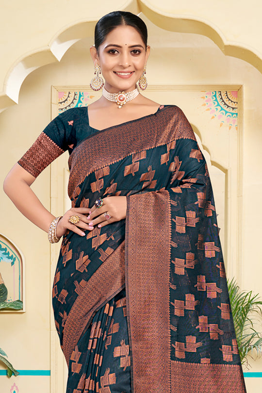 Navy Blue Cotton Saree With Blouse Piece