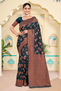 Navy Blue Cotton Saree With Blouse Piece