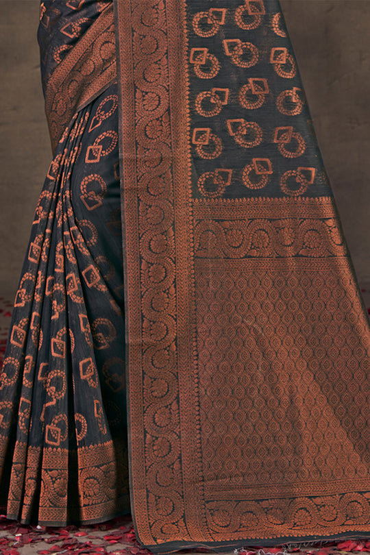 Navy Blue Cotton Saree With Blouse Piece