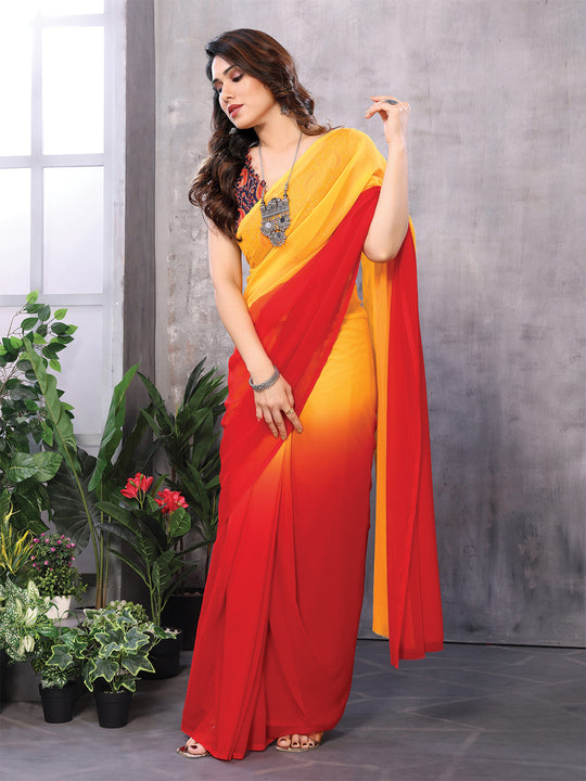 Yellow & Red Georgette Saree With Blouse Piece