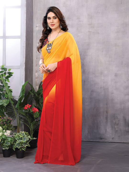 Yellow & Red Georgette Saree With Blouse Piece
