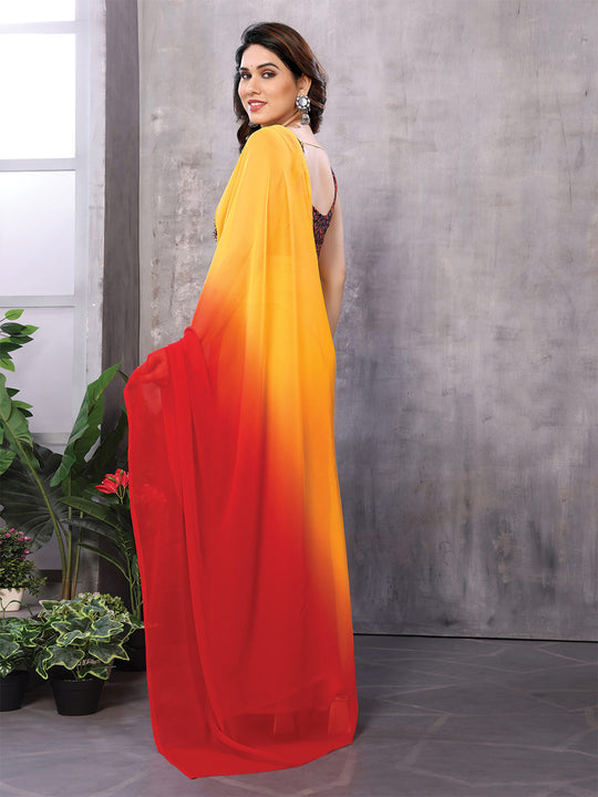 Yellow & Red Georgette Saree With Blouse Piece