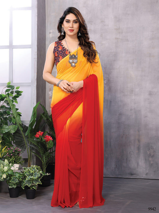 Yellow & Red Georgette Saree With Blouse Piece
