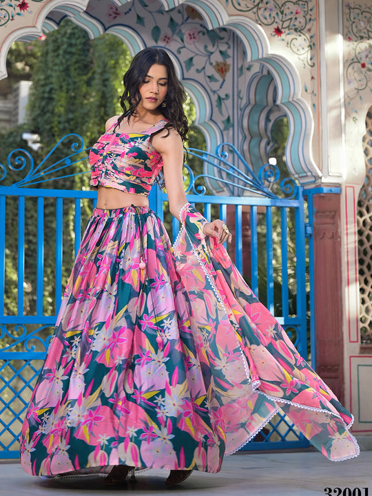 Green with Pink Georgette Lehenga Choli with Shrug