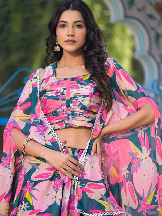 Green with Pink Georgette Lehenga Choli with Shrug
