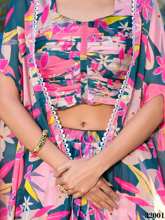 Green with Pink Georgette Lehenga Choli with Shrug