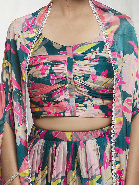 Green with Pink Georgette Lehenga Choli with Shrug