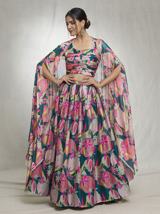 Green with Pink Georgette Lehenga Choli with Shrug