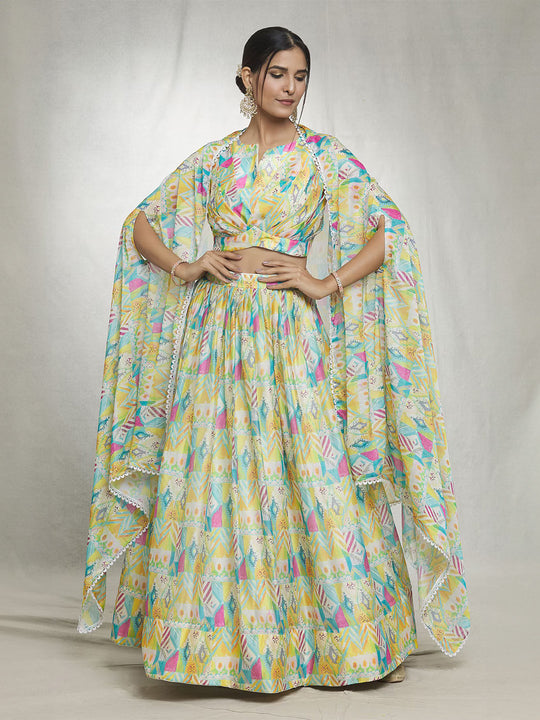 Yellow Georgette Lehenga Choli with Shrug