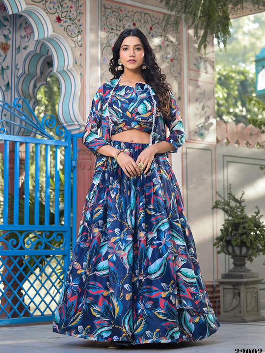 Blue Georgette Lehenga Choli with Shrug
