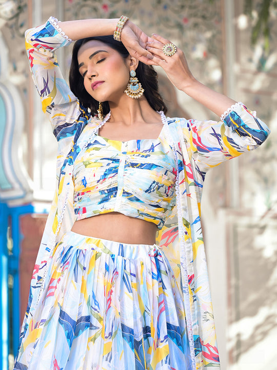 Off white Georgette Lehenga Choli with Shrug